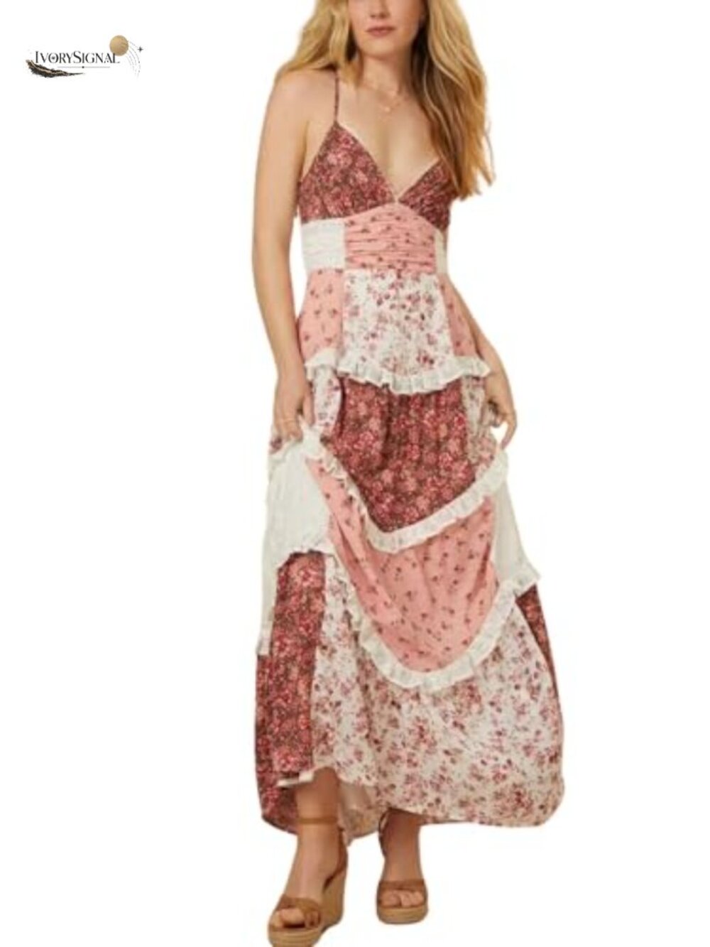 Womens Lace Patchwork Floral Maxi Dress Spaghetti Strap Backless Tiered